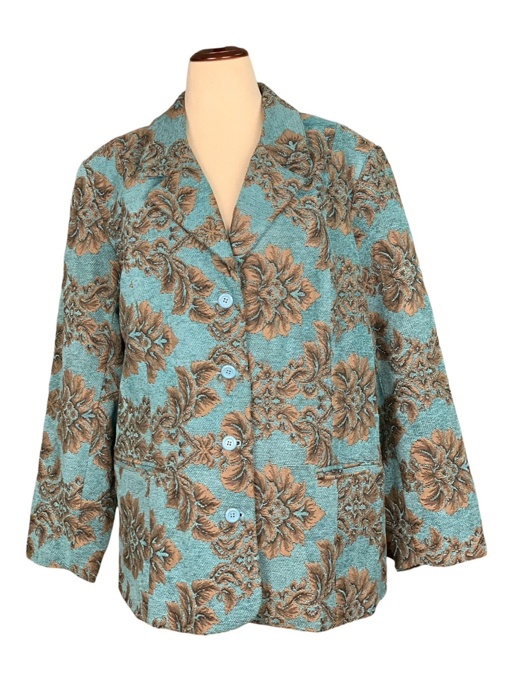 Denim & Co Vtg Turquoise Gold Floral Jaquard Tapestry Coat Jacket Preppy Size 1X